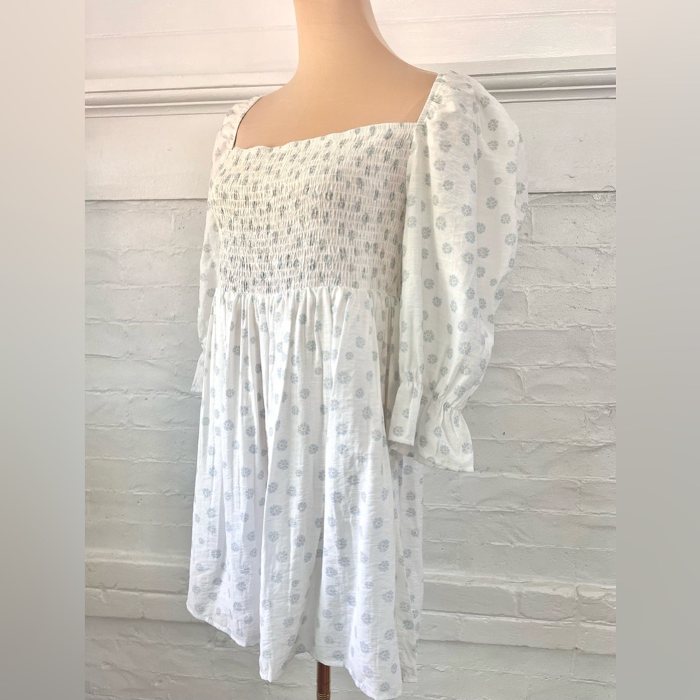 Girl And The Sun Lucia White Blue Flowered Smocked Babydoll Mini DressDress - Picture 5 of 16